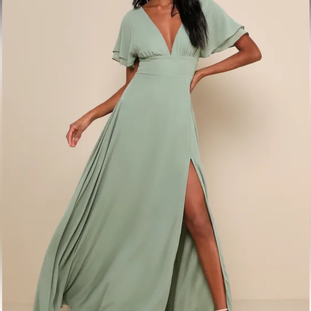 Lulus Promise Of Love Sage Brush Flutter Sleeve Maxi Dress